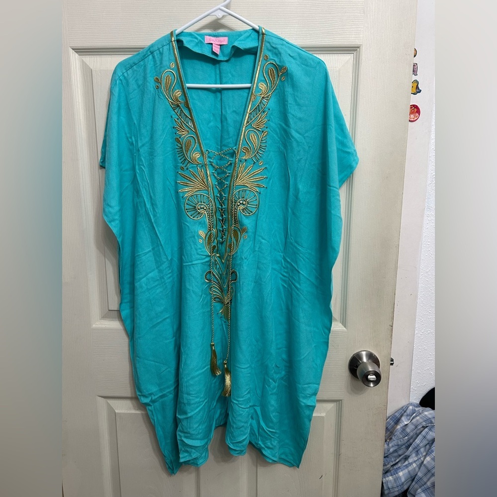 Lilly Pulitzer Chai Caftan in Seaside Aqua with gold embroidery women’s size XXS - Picture 2 of 7